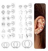 Diamday 15 Pairs Stud Earrings for Women Surgical Steel Hypoallergenic Earrings 14K Gold Plated Flat Back Earrings Set Silver