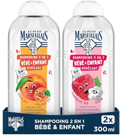 Le Petit Marseillais 2-in-1 Baby & Child Detangling Shampoo Organic Peach & Apricot + Raspberry & Cotton (Pack of 2 x 300ml) – 94% Natural Origin – Silicone and Sulfate Free and Hypoallergenic