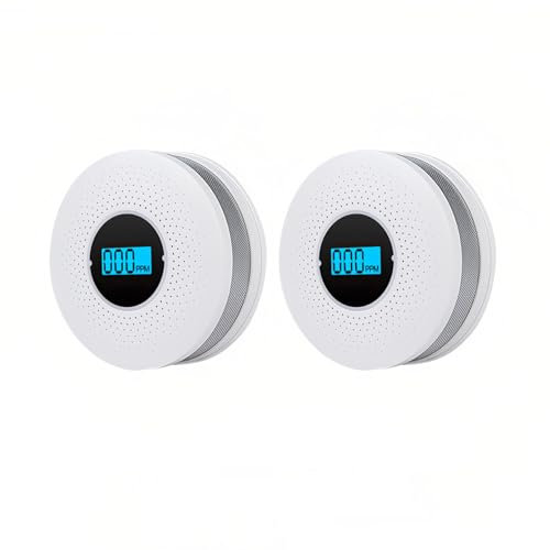 Lancoon 2 Packs CO and Smoke Fire Alarm Combo with LCD Display Battery Operated for Home 2 in 1 Carbon Monoxide and Smoke Detector with Light Sound Warning Easy to Install Travel Portable