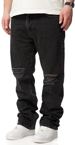 behype. Herren Jeans Ripped Straight-Fit Jeanshose 100% Baumwolle Denim Hose Used Look Men's DC_JN-246-Washed Black-W33/L32
