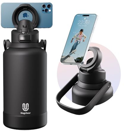 Magcheer Magnetisch Edelstahl Trinkflasche 2l Handy Halterung Multifunktionaler Wasserflasche Hält 48 Stunden kalt Auslaufsichere Flasche für Fitness und Outdoorsport(Schwarz)
