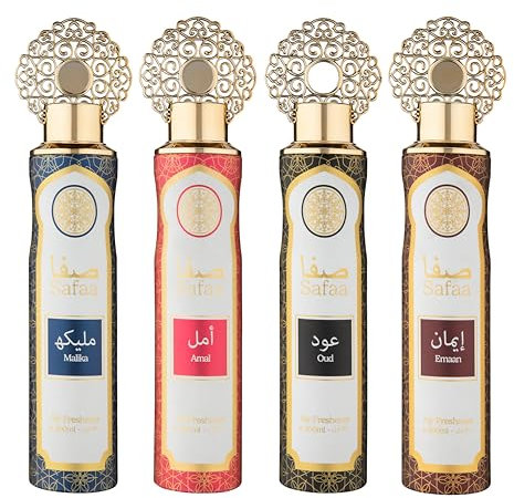 Designer Fragrances Safaa 4 Pack Exclusive Bundle - Amal, Emaan, Malika, Oud Luxury Air Freshener Cans - For Home & Vehicles – Natural Oils, Lasting Smell Spray – Deodorise & Neutralise Odours