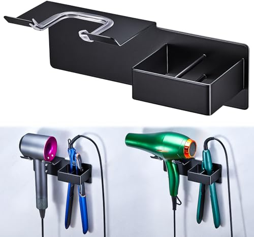 Föhn und Glätteisen Halterung, Metall Fönhalter Wand, Föhnhalterung Bad Ohne Bohren für Haartrockner und Glätteisen Aufbewahrung, Haartrocknerhalter Föhnhalter Wandhalterung für Bad Hotel (Schwarz)