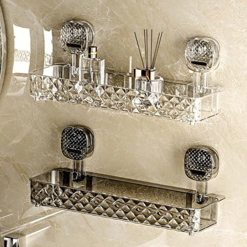 Cikiki Suction Cup Storage Holder,No Drill Shower Caddy Suction Cup,Acrylic Light Luxury Style Bathroom Storage Shower Shelf for Shower Bathroom Kitchen