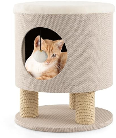 FANTASK 3 in 1 kleine Katzenmöbel, 40x40x47cm, 3 Sisal Katzenkratzbaum & Katzenhöhle & Hocker, Katzenhaus Kletterbaum mit weichem Sitz& Ball, Beige Katzenkratzbaum