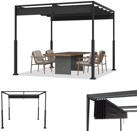 ACXIN Pergola 3x3 m Schwarz mit Schiebedach, Gartenpavillon Terrassenüberdachung Freistehend, Stahlrahmen, PA-beschichtetes Polyester Wasserabweisend, Sonnenschutz, Ideal für Garten Terrasse Balkon