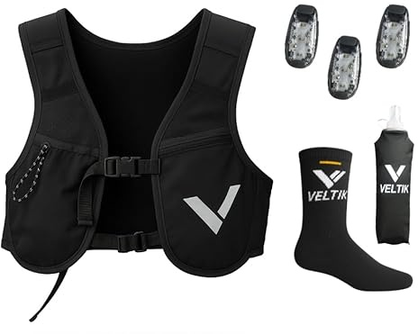 Gilet d’hydratation Running Homme et Femme avec LED, Chaussettes de Compression et Bouteille 500ml – Gilet de Course léger – Sac d’hydratation idéal pour Marathon, vélo, Running