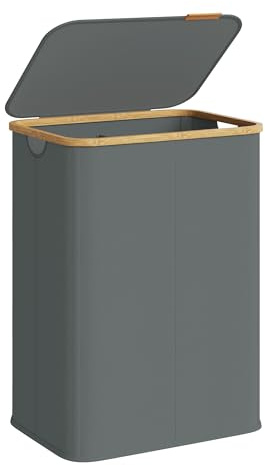 SONGMICS Laundry Basket with Lid, Washing Basket, 37 Gal. (140 L) | Oxford Fabric Laundry Hamper, Bamboo Frame, 52 x 38.5 x 70.5 cm,Slate Grey, ROXANNE Collection LCB519GN01