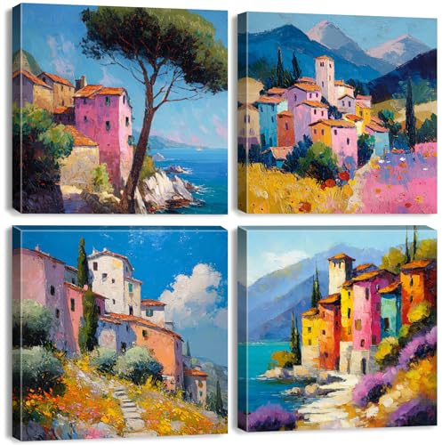 Abstrakt Leinwand Bilder Küsten Natur Landschaft Blume Wandbilder für Schlafzimmer Bunt Mediterrane Floral Poster Rustikal Wilde Blumen Kunstdrucke für Wohnzimmer Badezimmer Wanddeko 30x30cm 4Pcs