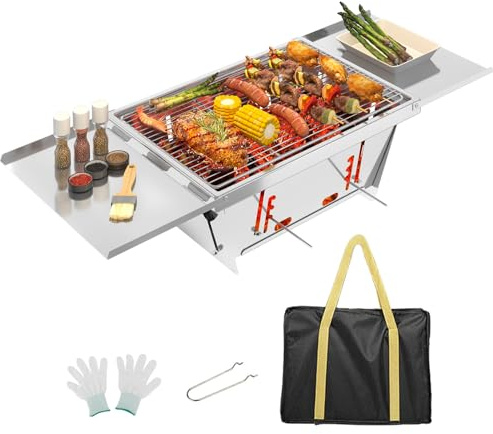 Dripex Portable BBQ Charcoal Grill Foldable Barbecue for Camping Outdoor | Folding Barbecue Smoker, Stainless Steel, Picnic Tabletop, Travel Garden Terrace Beaches, with Carrying Bag