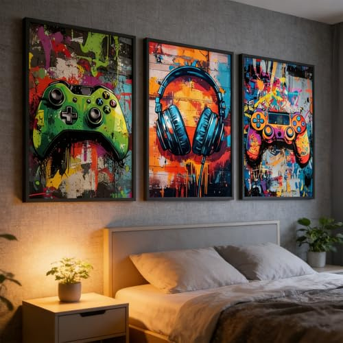 3er Poster Set, Coole Street-Graffiti-Gaming-Controller-Kopfhörer Bilder, Jugend-Gaming-Poster, E-Sport-Kunstdrucke für Teen Jungen Zimmer Schlafsaal Spiel Zimmer Dekor, ohne Rahmen (21 x 30 cm)
