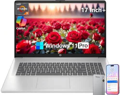 HP 17 Inch Laptop, 17.3 HD+ Touchscreen Display, AMD Ryzen 5 7430U (Up to 4.5GHz), 16 GB RAM, 1 TB SSD, Wi-Fi 6, Bluetooth 5.4, Windows 11 Pro, Copilot AI, Numeric Keypad, w/RECOLX AI Voice Recorder