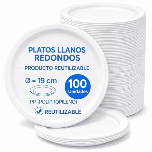 Publiclick Lote de 100 platos reutilizables de 19 cm fabricados en polipropileno (PP), resistentes, ligeros y diseñados para uso intensivo en eventos, celebraciones y hostelería.