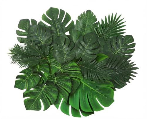TZMFHD 50Pcs 5 Sizes 14-22cm Artificial Tropical Fake Leaves | Multi Size Realistic Tropical Fake Leaves, For Hawaiian Jungle Party, Home Indoor And Seasonal Event Theme Decoration
