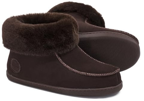 Vanuba Peppin Handmade Damen Hausschuhe, Naturleder, 100% Schafwolle, Warme und Bequeme Hausschuhe, Leder Braun/Braun, 37 EU