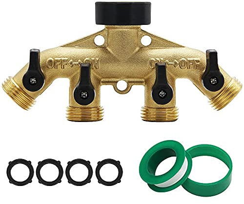 ATDAWN 4-Wege-Schlauchverteiler aus Messing, 1,9 cm (3/4 Zoll) Messingschlauch-Wasserhahn-Verteiler, Gartenschlauch-Adapter-Anschluss