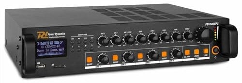 Power Dynamics PDV240 - Amplificador Mezclador 4 Zonas 240W con Reproductor USB SD Radio FM Bluetooth Mic 3X entradas Alarma Fuego 100V 8 Ohm Rack 19” Ecualizador Emergencia