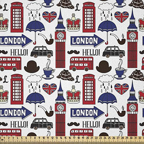ABAKUHAUS London Satin Stoff als Meterware, Britische englische Wahrzeichen, Zum Nähen Toller Stoff für Heimtextilien Aller Art, 3M (148x300cm), Weiß Rot
