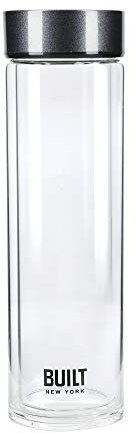 Built Tiempo Insulated Glass Water Bottle, BPA Free Borosilicate Glass / Stainless Steel Flask, Charcoal, 450ml