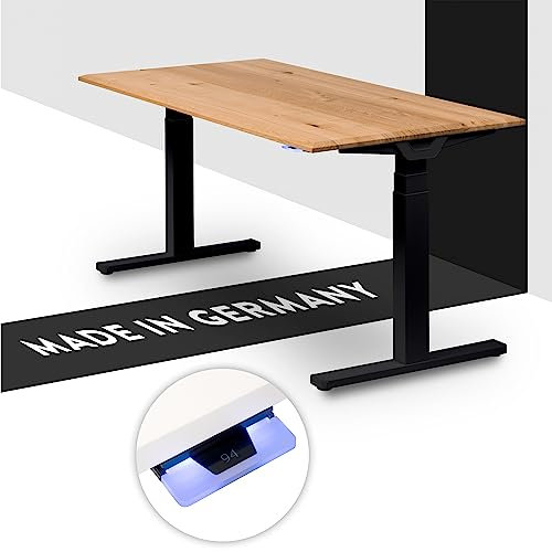 boho office® Höhenverstellbarer Schreibtisch 140 x 80 cm - Made in Germany, Elektrisch, 2 Motoren, 3-Fach Teleskop, Kollisionsschutz - Premium Line Schwarz inkl. Tischplatte in Wildeiche massiv