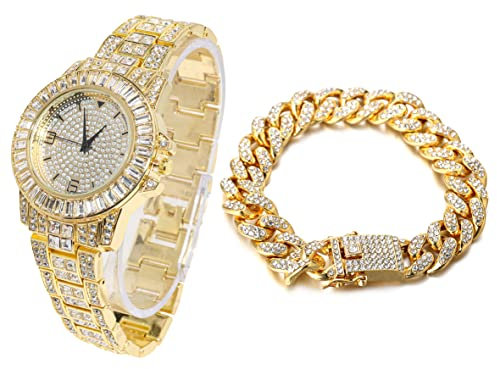 Halukakah Diamant Golduhr, Herren 18K Echt Vergoldet 38MM Breite Rund Wählen Quarz Armband 22cm mit Kubanischer Link Kette 20cm Armband Set, mit Geschenkbox