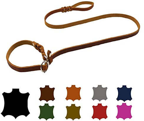 Hundeleine Fettleder Agility/Retrieverleine mit Zugstopp/Moxonleine für kleine Hunde/große Hunde (2,20m X 15mm, Cognac)