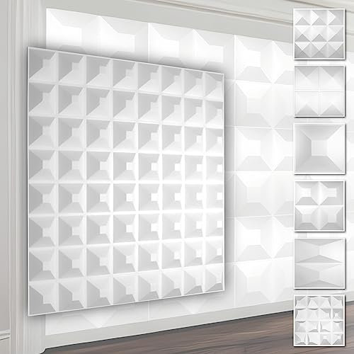 Paneles de pared de PVC 3D - Revestimiento de pared 3D blanco - motivos piramidales (5QM paquete económico HD005 50x50cm) pintura para paneles modernos