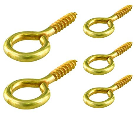SISI UK Eye Screw Hooks Brass Plated Hook Eye Bolts Screw-in Hooks Heavy Duty Picture Frame Small Screw in Hooks Brass Celling Hooks 14mm Picture Wire Hanging Pack of 100.