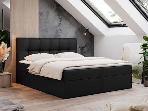 MKS MEBLE Boxspringbett 160x200 mit Bettkasten Schwarz Kunstleder, Bett mit Matratze H4 Topper, Polsterbett 160x200 mit Bettkasten Kopfteil, Boxspringbett mit Matratze H4, RICO Schwarz Kunstleder