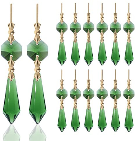 20 Stück grüne Kristalle Prismen Glasspitze Perlen Ersatz Kronleuchter Eiszapfen Tropfen Anhänger Achteck Kristall Perlen Gold Pins Verbinder für Lampe Dekoration Weihnachten Ornament