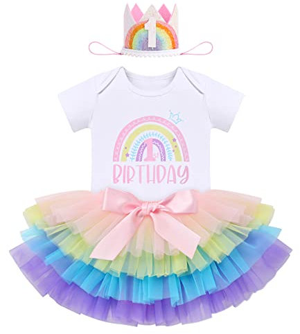 IBTOM CASTLE Cake Smash Outfit 1st Birthday Girl Rainbow Romper + Tutu Skirt + Headband 3pcs Set One Year Old Girl Dress Photo Shoot Clothes Rainbow+Crown 1Year