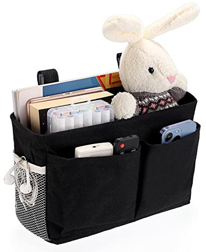 IGNPION Canvas Bedside Hanging Storage Bed Pockets Baskets-Adjustable Hanging Tape Dormitory Bed Organiser Caddy Mulit-purpose Hanging Storage Bag for Home Office School Dorm Hospital, Black
