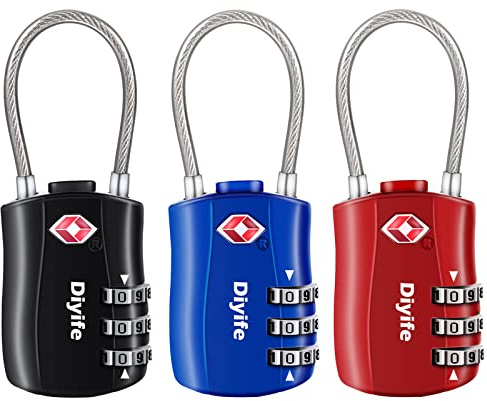 TSA Gepäckschlösser, [3 Stück] Diyife 3-stelliges Sicherheitsschloss, Kombinationsschlösser, Codeschloss für Reisekoffer Gepäcktasche Etui etc.(Schwarz+Blau+Rot)