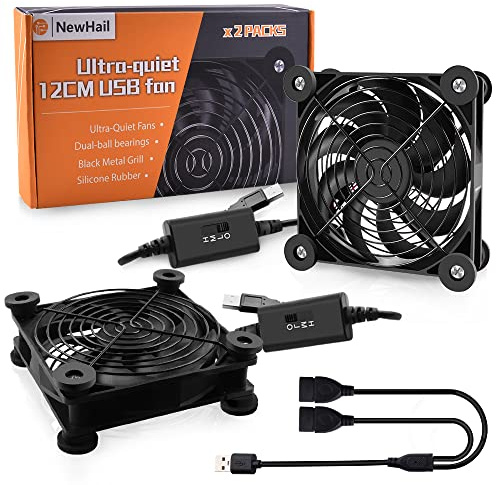 NewHail Paquete de 2 ventiladores USB silenciosos de 120 mm, rodamientos de doble bola, ventilador USB de 5 V, con controlador de velocidad L/M/H, ventilador de refrigeración de alto flujo de aire