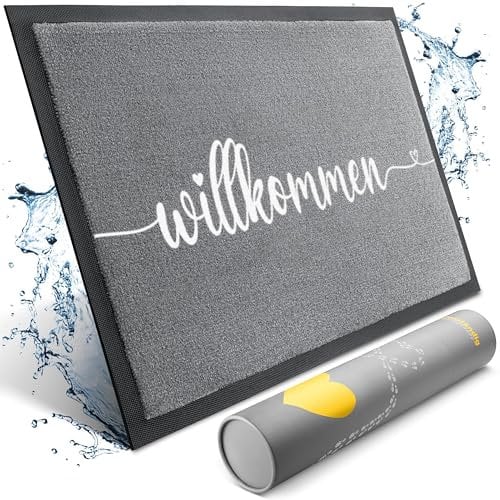 Bodenständig® Willkommen Fußmatte [Waschmaschinenfest] in 40x60cm - optimale Größe für die Haustür. Schmutzfangmatten innen, Welcome mat Spruch und Herz