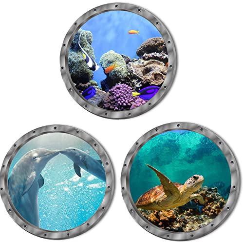 Adesivo Murale 3D Oblò 3 Pezzi, Adesivi Murali 3d Mare, Oblò Finestra Adesivi Murali, per Cameretta Dei Bambini, Bagno, Soggiorno, Decorazione Da Parete