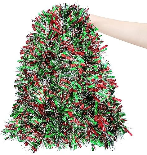 CFOFT 32.8 Feet Christmas Tinsel Garland, Red/Green/Silver Thick Tinsel, Tinsel Christmas Decorations, Tinsel Tree Garland for Xmas Holiday Party Supplies Indoor Outdoor Decorations