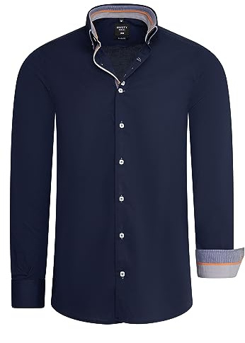 Rusty Neal Herren-Hemd Premium Body-Fit Langarm Stretch Kontrast Hemd Business-Meetings Freizeit-Hemd Hochzeit 026, Farbe:Marine, Größe S-3XL:XXL