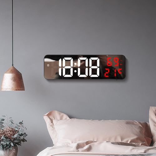 Aolyty LED Digitale Wanduhr, Tischwecker Großes Display, Schreibtisch Spiegeluhr mit Einstellbarer Helligkeit Temperatur Datum Luftfeuchtigkeit Anzeige (Weiß Rot)