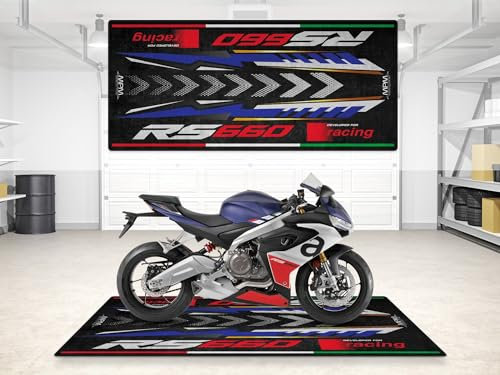 wibeart MPM Motorradmatte für RS 660, waschbar, rutschfest, öl- und wasserabweisend, Parkmatte für Garage, Ausstellungsraum, Werkstatt | Tribut - Größe 1: 86.6 x 39.4/220 x 100 cm