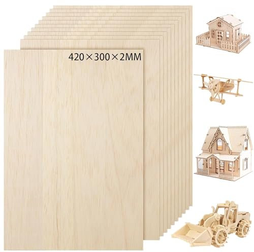 FWEEK 10 Stück A3 Sperrholzplatte 2mm, 420x300mm A3 Sperrholz-Platten, Bastelholz Platten Lindenholz Unfertige Sperrholzplatte für DIY Holzarbeiten, Laserbearbeitung, Modellbau, Gemälde