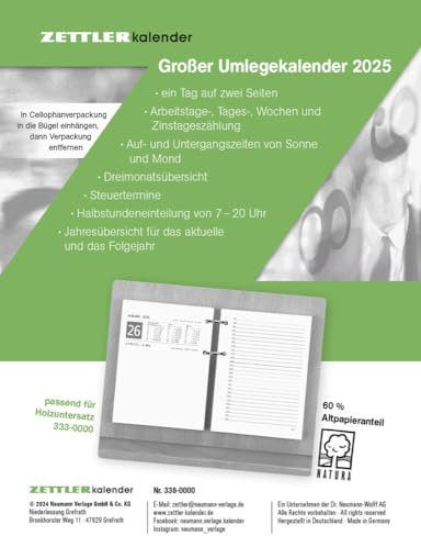 Zettler - Großer Umlege-Kalender 2025, 10,5x14,2cm, Bürokalender mit 360 Seiten, 1 Tag auf 2 Seiten, Arbeitstage-, Tages-, Wochen- und Zinstagezählung, 2-fach-Lochung und deutsches Kalendarium