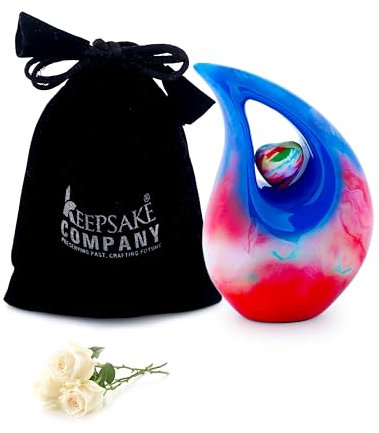 KEEPSAKE COMPANY Mehrfarbige tropfenförmige mittelgroße Urnen für menschliche Asche mit passendem Herz (6 Zoll Höhe) – einzigartige mittelgroße Urne für kleine Haustierurnen, Mehrfarbig