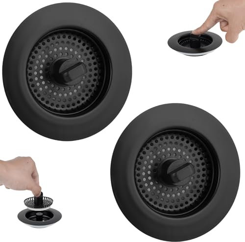 iFealClear 2-Pack 3-in-1 Kitchen Drain Stopper & Plug Strainer – Stainless Steel Food Waste Catcher Replacement, Fits Sink Holes 72-86mm, Depth > 28mm-Black