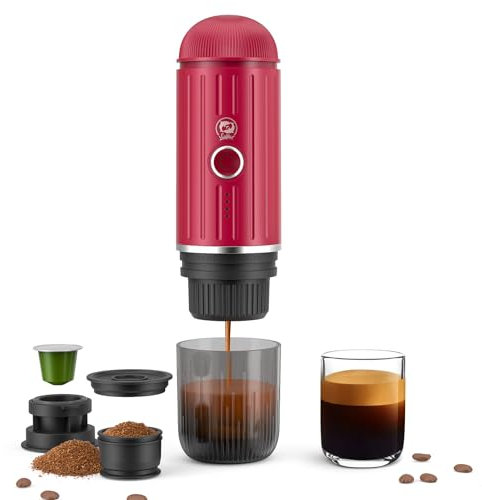 Portable Espresso Machine Rechargeable Electric 12V One Click Heater Automatic Coffee Maker Compatible with NS Capsules and Ground Coffee for Camping Travel Home (Red)