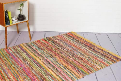 Chindi Flickenteppich, handgefertigt, Baumwolle, gefärbt, mehrfarbig, Raumdekoration, Yoga-Matte, Heimdekoration, recycelter Teppich, 1,5 x 0,9 m, Gelb