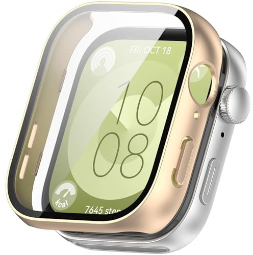 Schutzhülle kompatibel mit Huawei Watch Fit 3 Hülle con Schutzglas,Hartes PC Cover Gehäuse con Vetro Temperato,HD Schutzfolie Protection Schutz hülle für Huawei Fit 3 Case Herren Damen,Mattiertes Gold