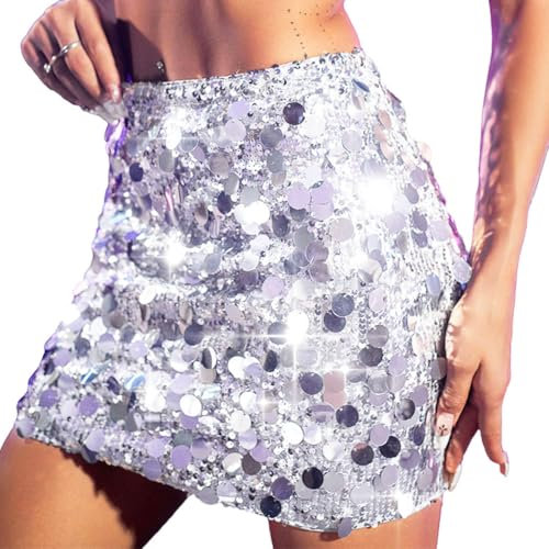 Ushiny Paillettenrock Silberne MiniröckeDisko Glitzernde Rave-Outfits Bling-Festivalkostüm für Damen