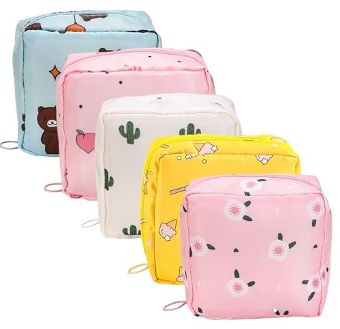 ZOCONE 5 Pack Sanitary Pad Storage Bag Portable Period Bag with Zipper, Cute Sanitary Towel Holder Reusable Sanitary Napkin Towels Storage Bag Tampon Period Pouch, First Period Bag for Girls Ladies