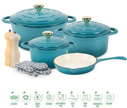 VAV GET Healthy and Safe, Non-Stick Enameled 7-PCS SET of Cast Iron Dutch Oven Cookwares. Set includes: 24cm Dutch Oven Fry Pan, 18cm, 21cm, 24cm Dutch Oven Cookwares with Lids, Gloves and Mills.